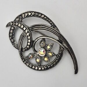Dark Silver Tone Flower Swirl Brooch Iridescent AB Rhinestone 2" Pin Vtg Costume